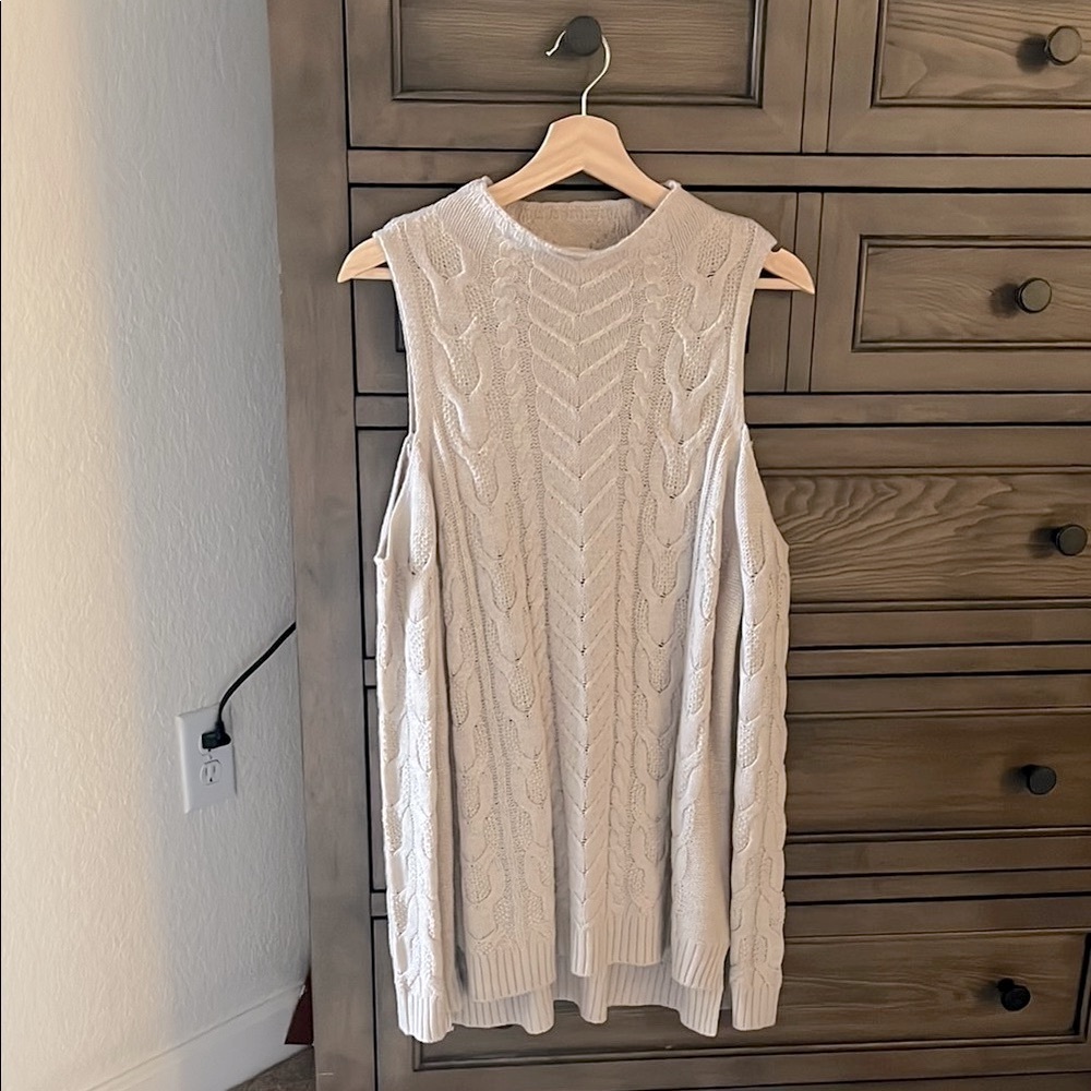 Beige Cable Knit Cold Shoulders Sweater